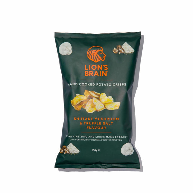 A 150g bag of Lion's Brain hand cooked potato crisps in Shitake Mushroom & Truffle Salt flavour. The packaging is a dark forest green with orange and white text and graphics, shown on a clean white background with a soft shadow.