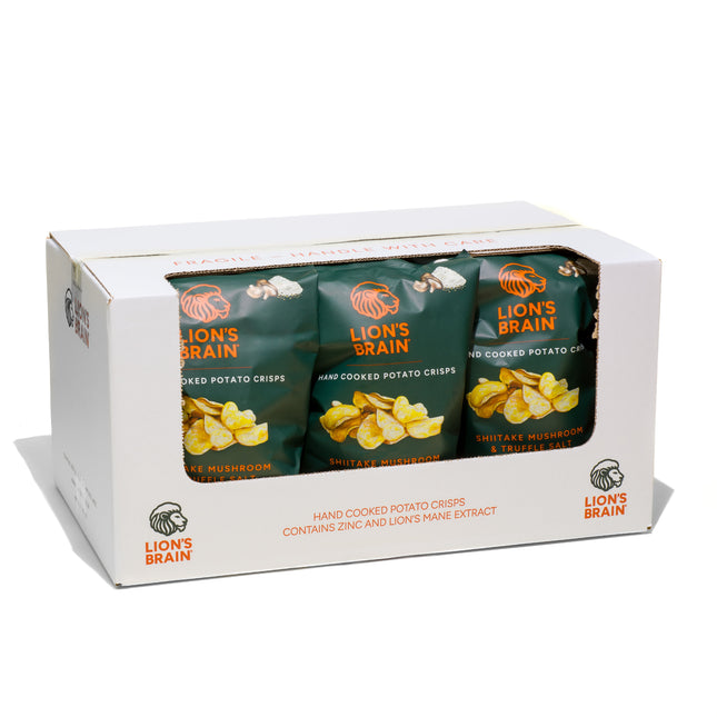 A white cardboard display box containing bags of Lion's Brain hand cooked potato crisps. The bags are dark green with orange lion logos and show potato chip imagery.
