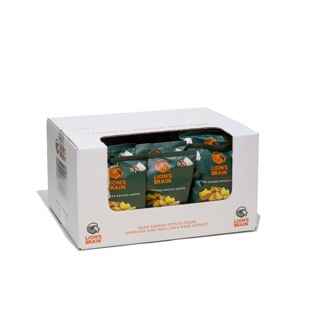 A white cardboard display box containing multiple individual packets of Lion's Brain flavoured potato crisps, photographed on a clean white background.