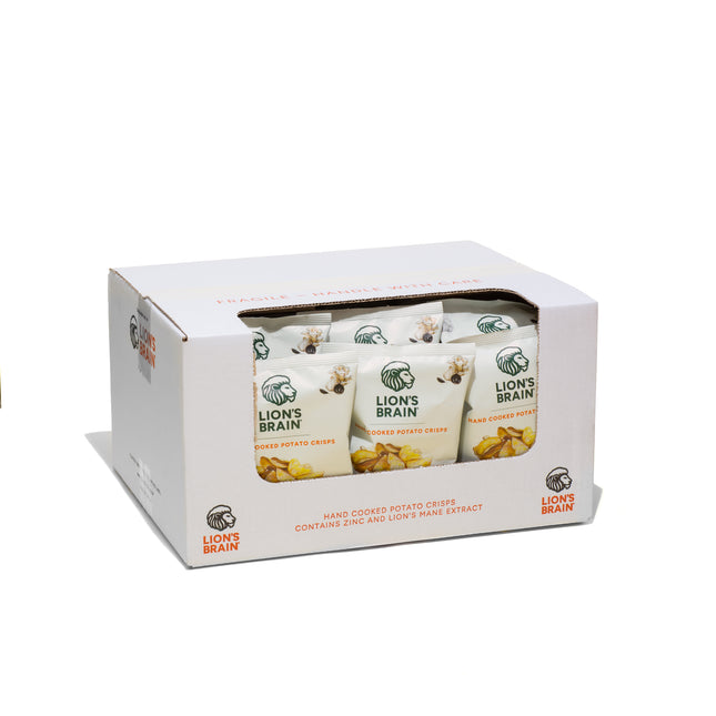 A white cardboard display box containing multiple Lion's Brain hand-cooked potato crisps, photographed on a clean white background.
