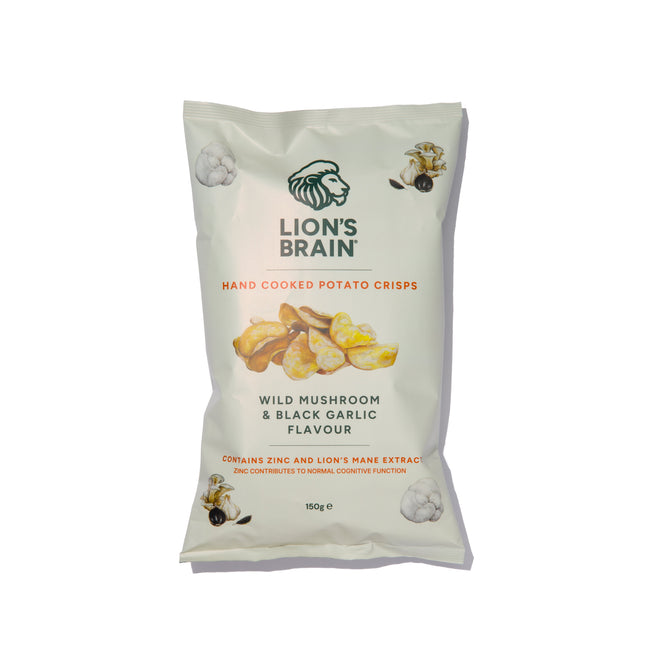 A 150g bag of Lion's Brain Hand Cooked Potato Crisps in Wild Mushroom & Black Garlic Flavour, shown on a clean white background.